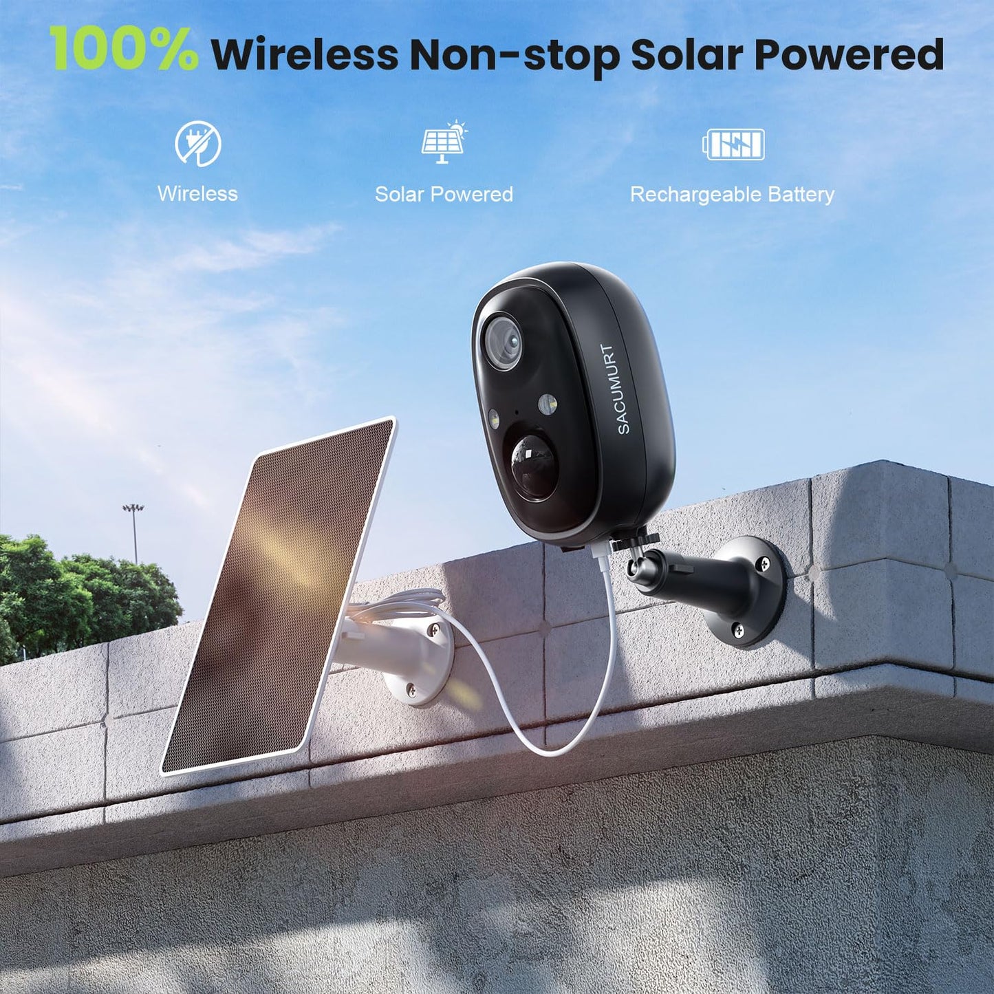 WiFi Cameras for Home Security, Solar Powered Security Cameras Wireless Outdoor, Outdoor Camera Wireless, PIR Motion Detection, Color Night Vision