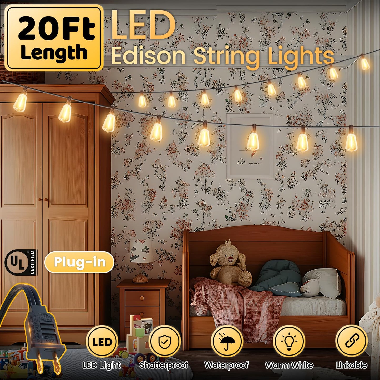 SEVSONSNZZ Outdoor String Lights 20FT - LED Waterproof Patio Lights Shatterproof ST38 Edison Bulbs, Connectable Hanging Vintage Lights for Outside