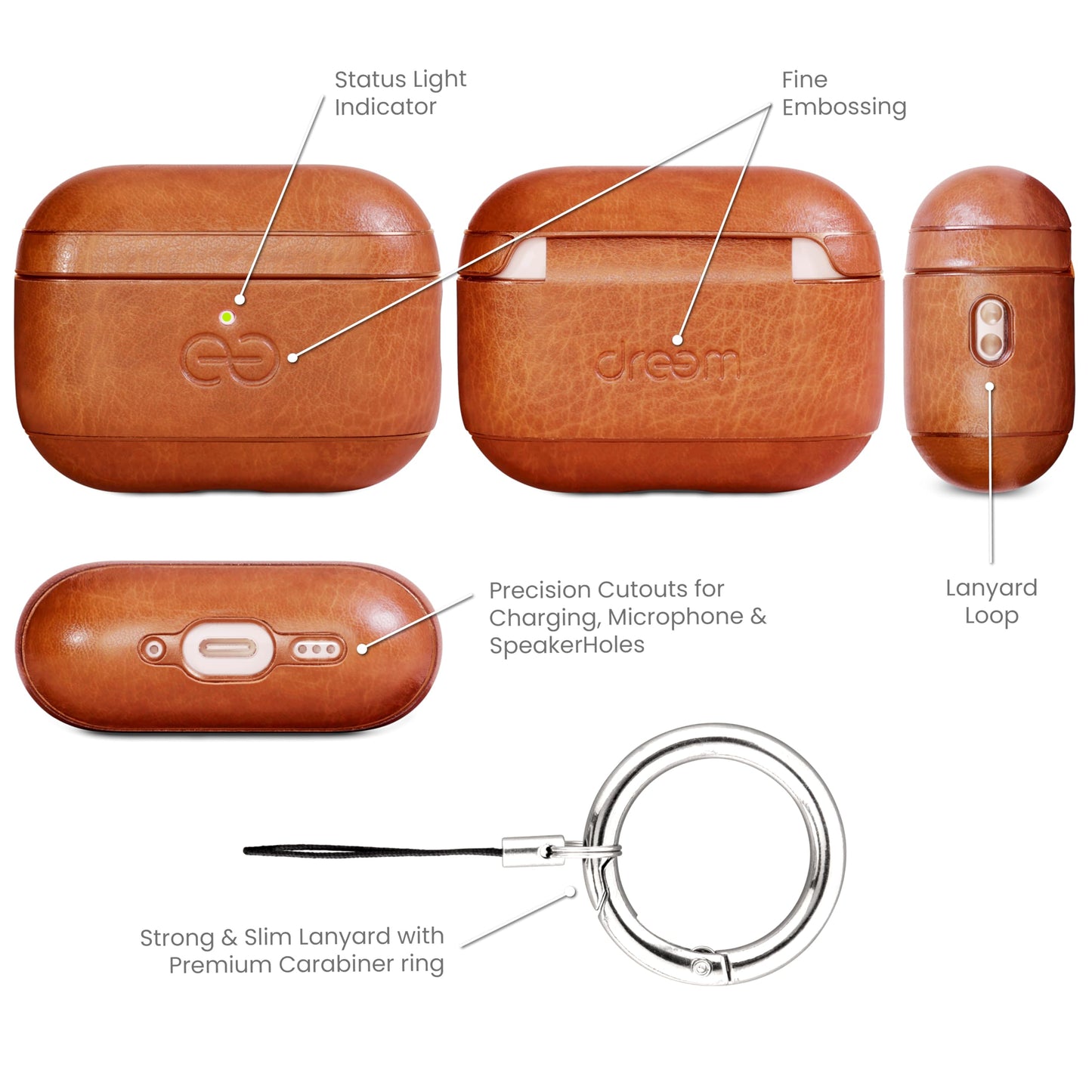 Dreem Real Leather AirPods Pro 3 Case Cover, Keychain Carabiner Clip, for Apple AirPods Pro 3 Case, Leather + Protective Hard Plastic Shell, MagSafe