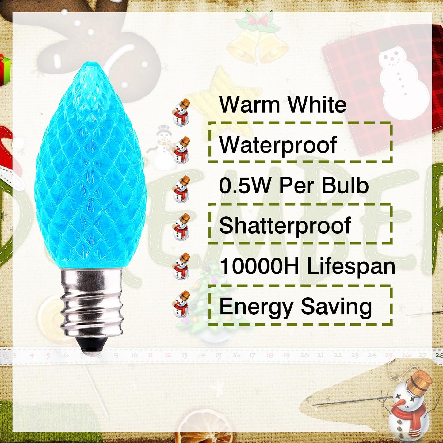 Jawtach C7 LED Christmas Light Bulbs - 25 Pack C7 LED Bulbs Blue - 0.5W for Outdoor String Lights, Holiday Decoration