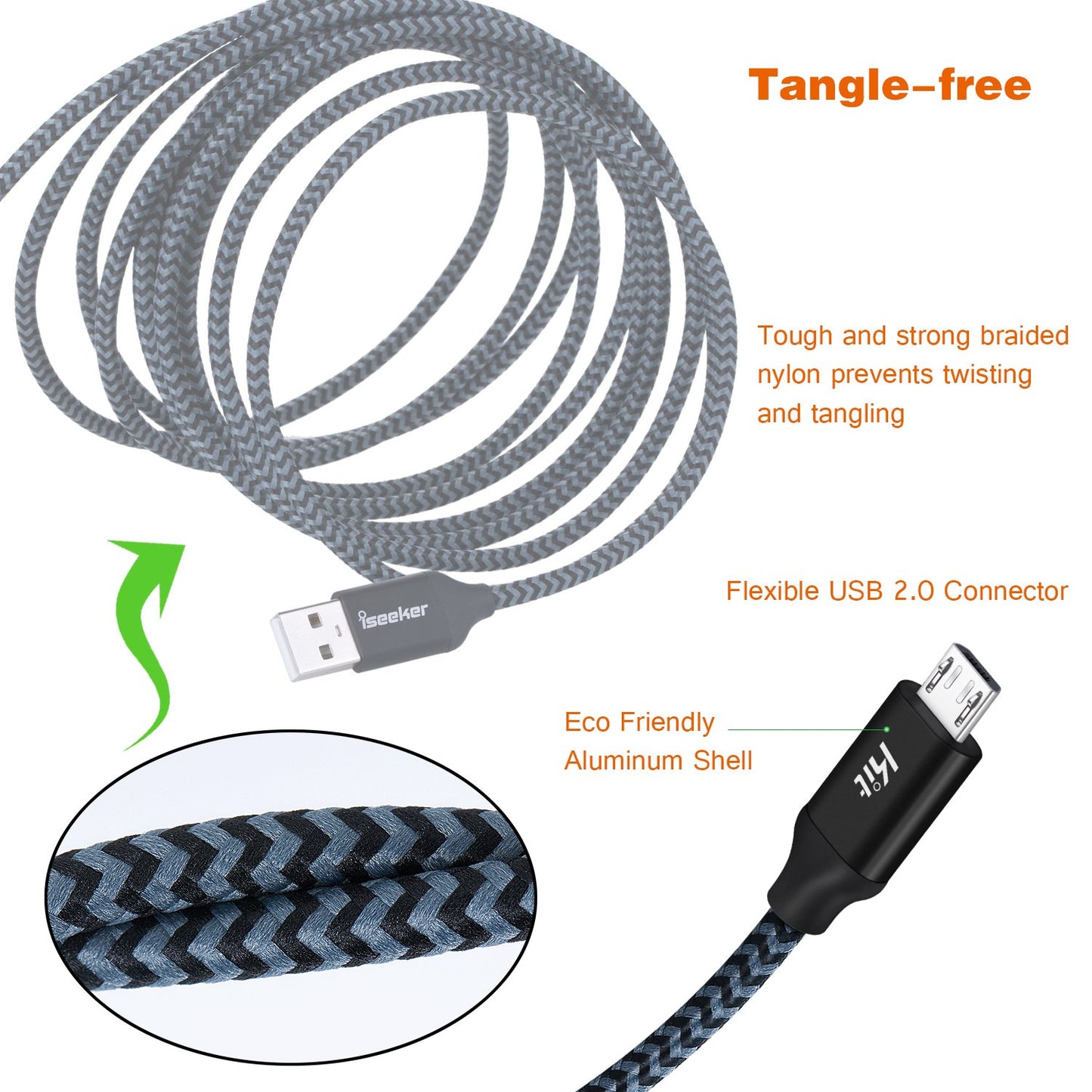 iSeekerKit USB Cable 15ft Extra Long Braided Micro USB Charging Cords [2Pack] Compatible for Android/Windows/PS4 Controller/Samsung Galaxy s7 s6 Plus