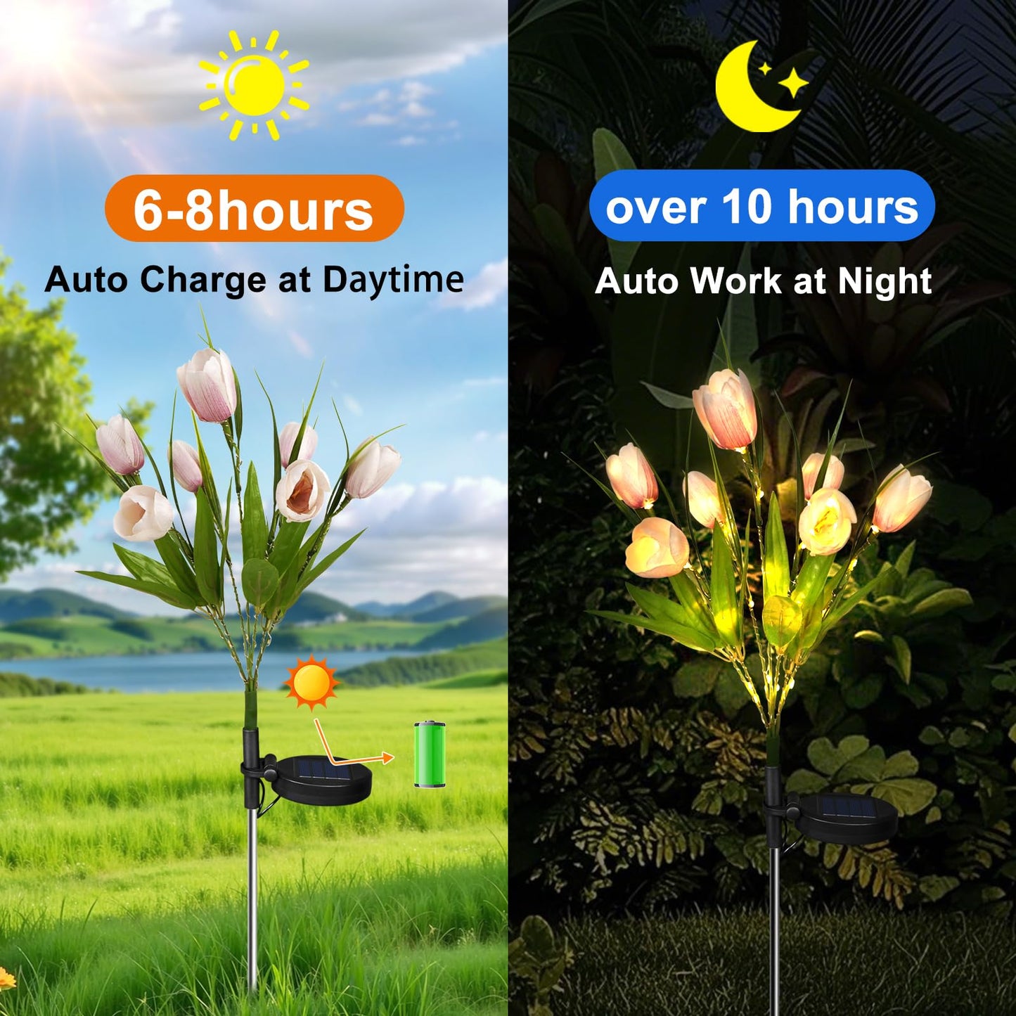 Aolyty Solar Garden Lights Outdoor, Solar Tulip Lights 2 Pack with 14 Tulip Flowers, IP65 Waterproof LED Stake Light for Pathway Patio Yard Landscape