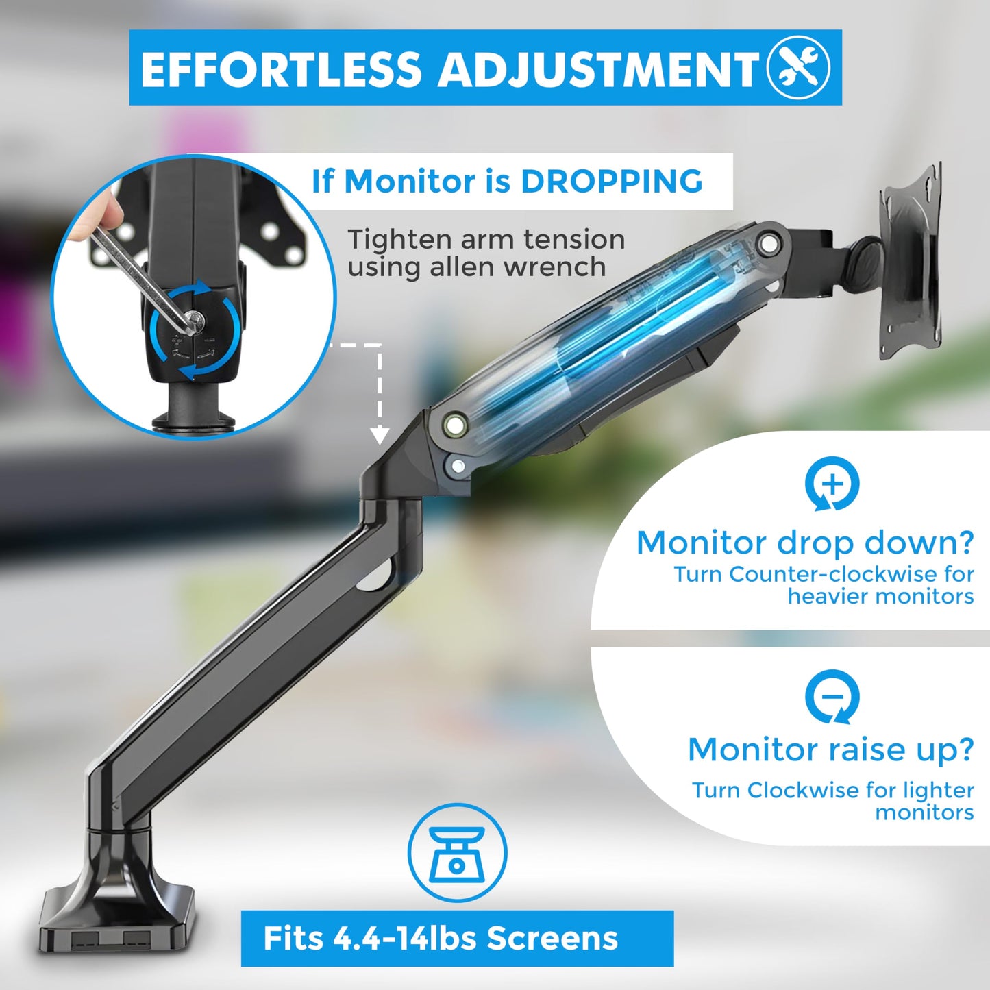 Josphere Monitor Arm, from 13 to 34 Inch Monitors, Fits Upto 22 lbs Screens with Adjustable Gas Spring Arm, Full Motion Monitor Mount for LCD Computer