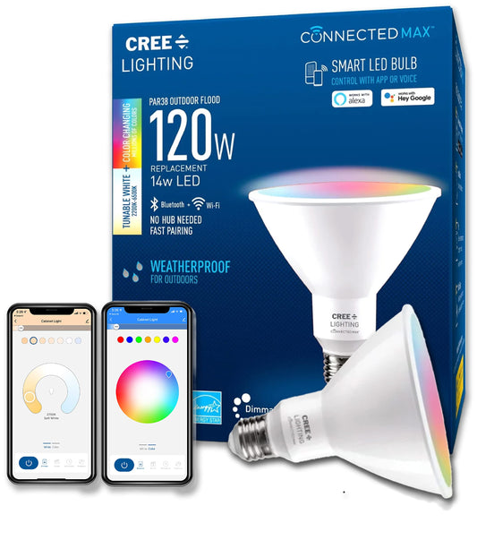 Cree Lighting Connected Max Smart Led Bulb Par38 Outdoor Flood Tunable White + Color Changing, 2.4 Ghz, Works with Alexa and Google Home, No Hub