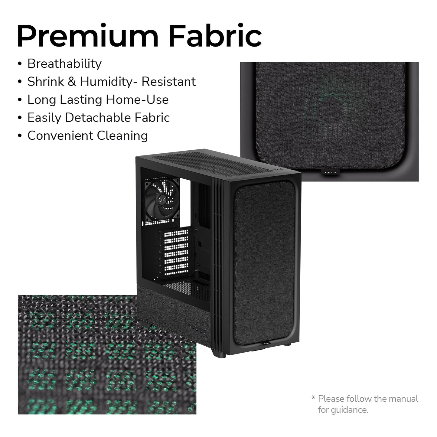 TRYX FLOVA Black Mid-Tower ATX PC Case, Breathable Fabric-Crafted Front, Tempered Glass, Three-Speed Cross-Flow Fan, 360mm Radiator, Wide