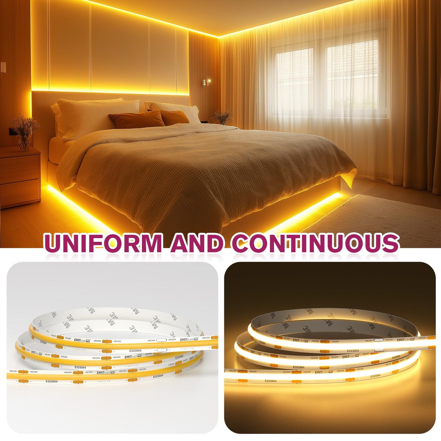 EMITEVER COB LED Strip Lights Warm White, 2700K Tape Light Premium High Density, DC 24V, 360+Lumens/ft, 5120LEDs/Spool, Ra 90+, 32.8ft/10m,UL Listed 5