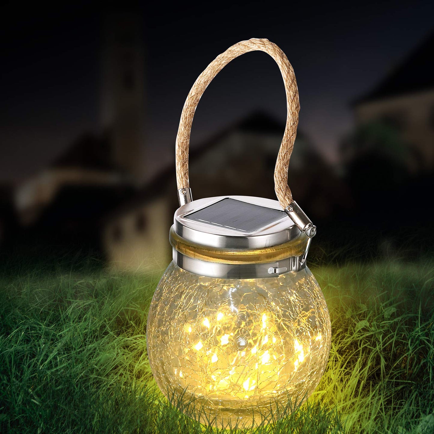 ivSunTEK Solar Hanging Lanterns Outdoor Waterproof, Decorative Cracked Glass Jar Table Lamp with 30 LED Warm White Lights for Garden Tree Courtyard