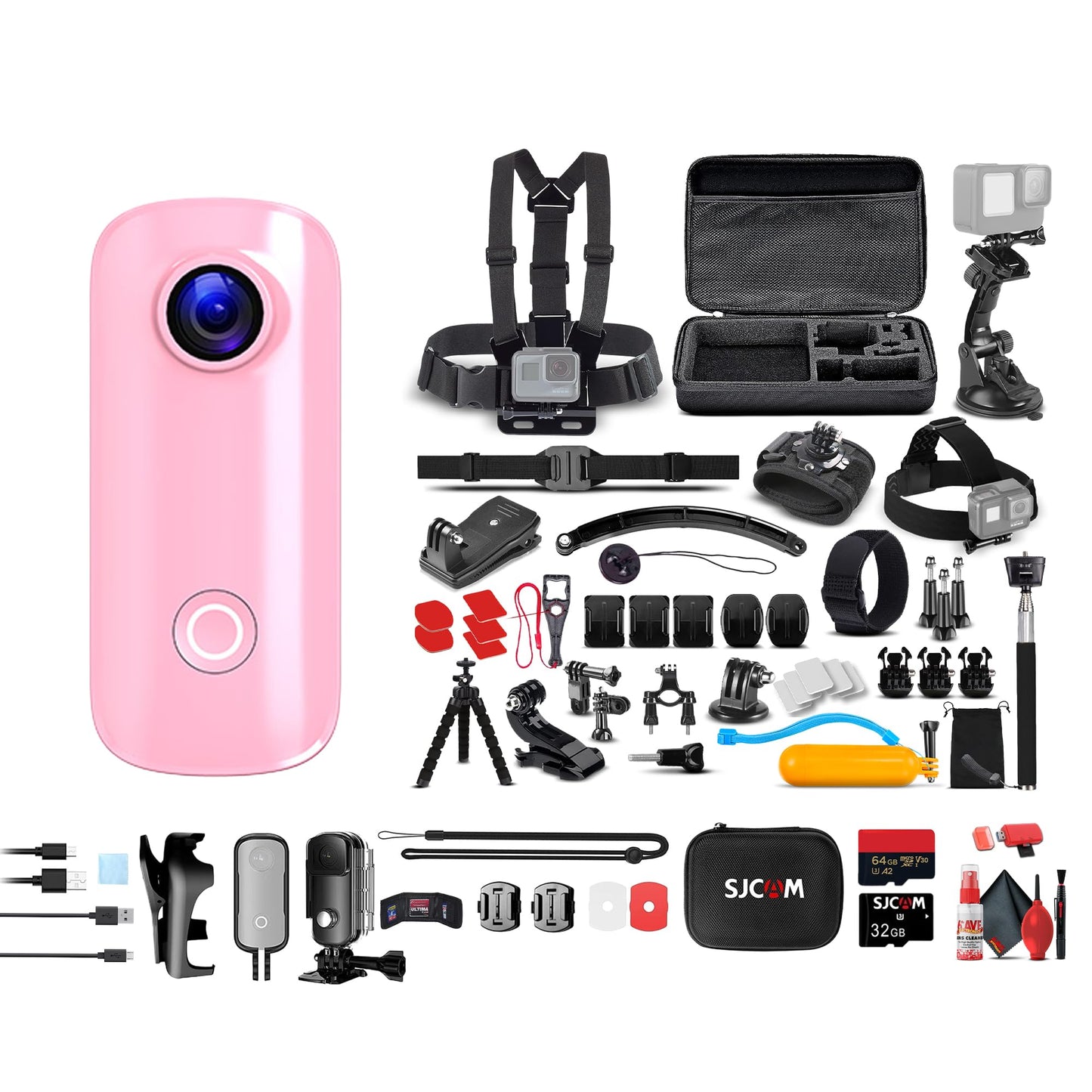 SJCAM C100 Plus Action Camera in Pink with 4K Video, EIS Stabilization, and Audio Recording, Bundle Including: 64GB Micro SD Card, 50-in-1 Action Kit