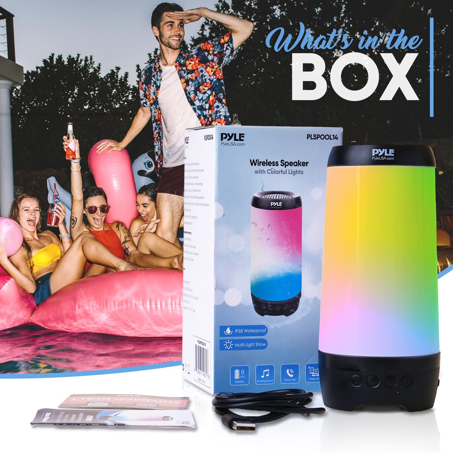 PyleUsa Floating Pool Speaker w/Lights Show, Waterproof Bluetooth Speaker, IP68, Crystal Clear Sound Quality, Surround Stereo Sound, Wireless 50 ft