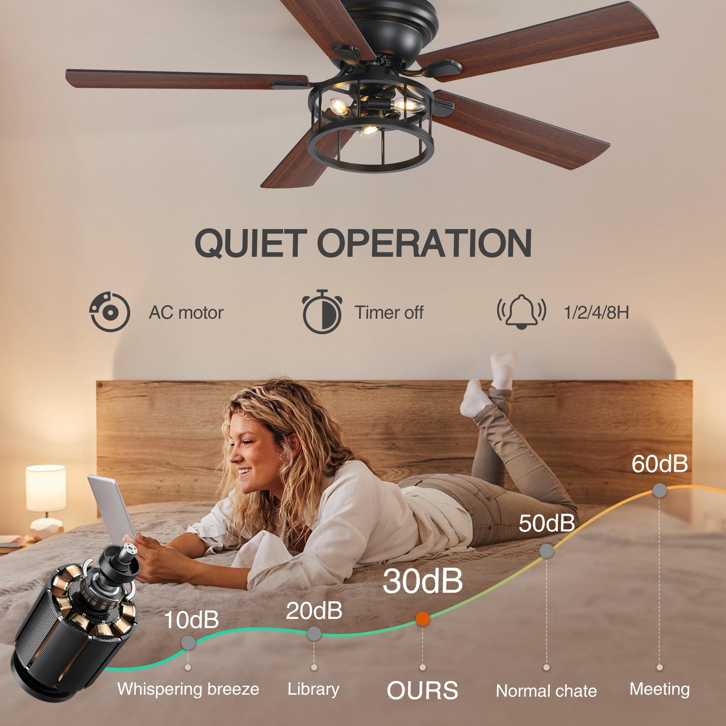 Breezary 52 Inch Flush Mount Farmhouse Rustic Ceiling Fan with Light and Remote, Reversible AC Motor, 5 Dual Finish Blades, Industrial Low Profile