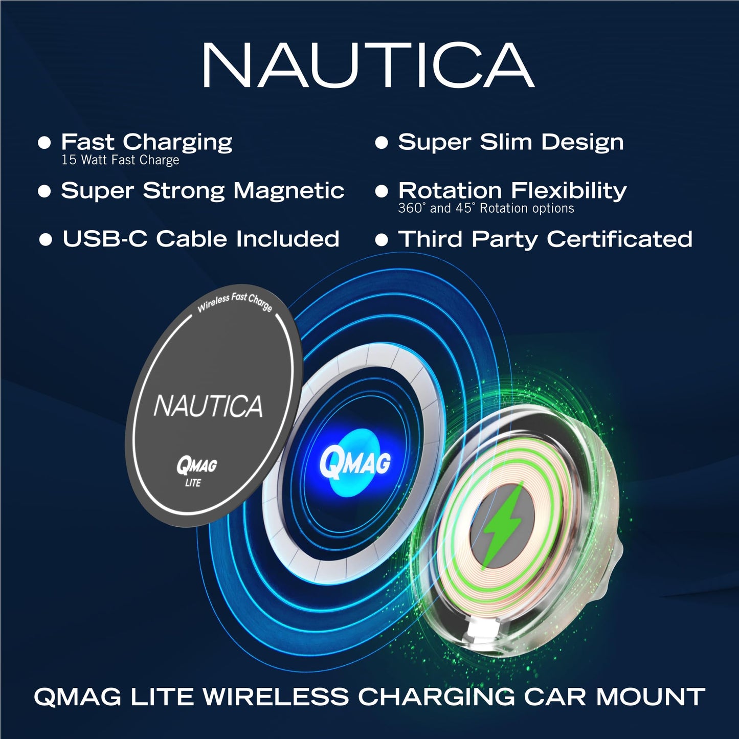 Nautica Turan QMAG Lite Wireless Magnetic Car Charger 15W, Universal Fast Charging Phone Mount, Dashboard & Vent Mount, 360° Rotation for iPhone 17