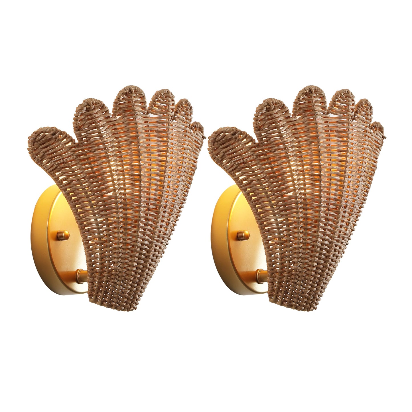 JONATHAN Y 11.5" Gold and Brown 1-Light Rattan Wall Sconce Set of 2, Vintage Coastal Scallop Shell Sconce for Bedroom Hallway, Hardwired, LED Bulbs