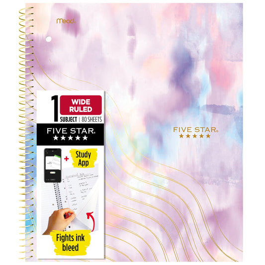 Five Star Spiral Notebook + Study App, 1 Subject, Wide Ruled, 8" x 10-1/2", 80 Sheets, Fights Ink Bleed, Water Resistant Cover, Pastel Tie Dye