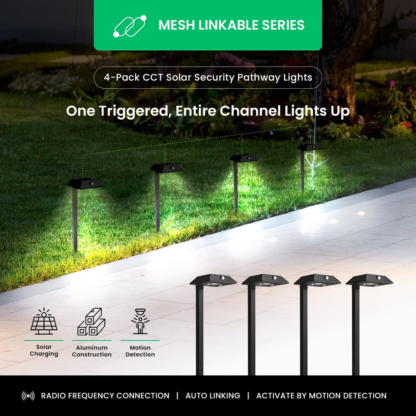 Mesh Linkable Series 4-Pack Solar LED Security Pathway Light w/ LiFePO4 Battery, 300LM, Auto-linking, 110°x16 ft Motion Detection, CCT
