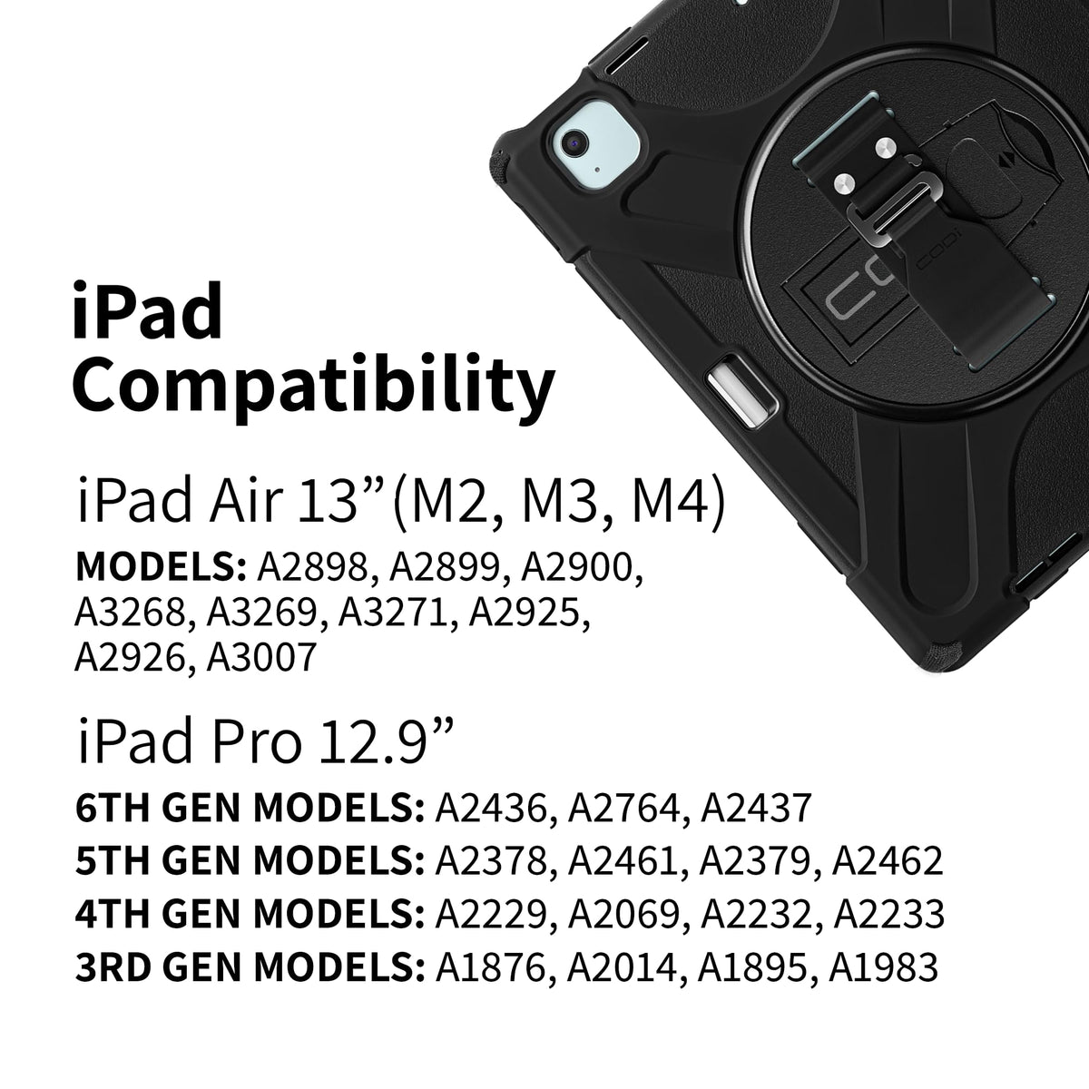 CODi Rugged Case for iPad Air 13" (M2, M3, M4), iPad Pro 12.9" (3-6 Gen) - Drop-Tested 360° Protection with Kickstand, Hand Strap & Shoulder Strap