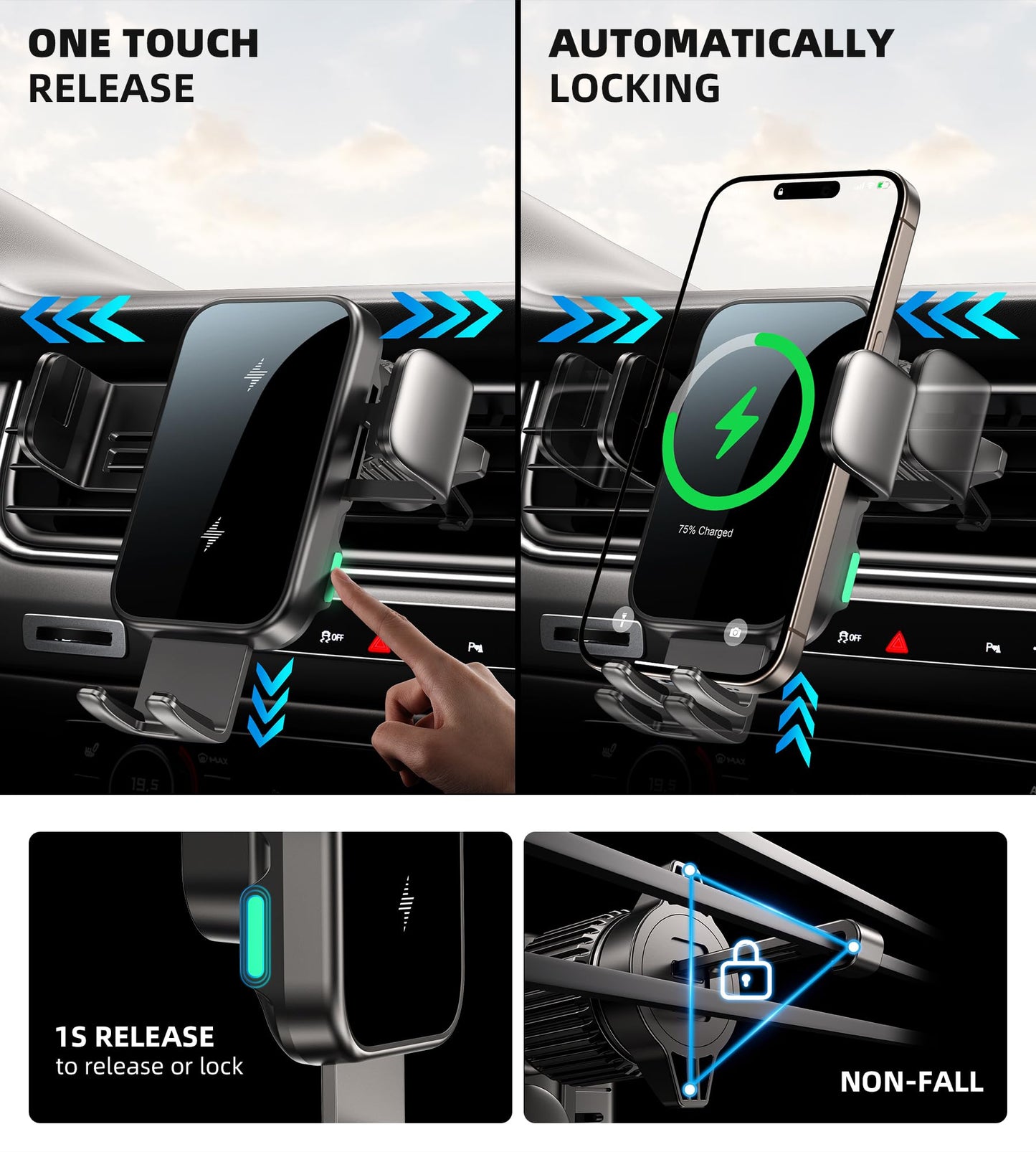 Dual Coil 15W Cup Phone Holder Mount,Wireless Car Charger Auto-Clamping Fast Charging Vent Phone Holders for Your Car for iPhone 17/16/15,Samsung Flip