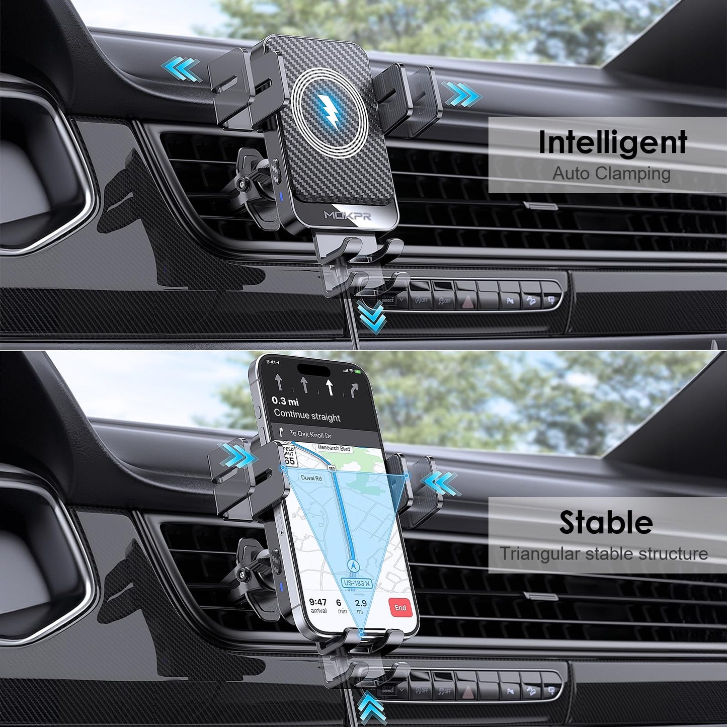 Wireless Car Charger, MOKPR 15W Fast Charging Auto-Clamping Car Charger Phone Mount Air Vent Cell Phone Holder Compatible iPhone 16/15/14/13/13 Pro/12