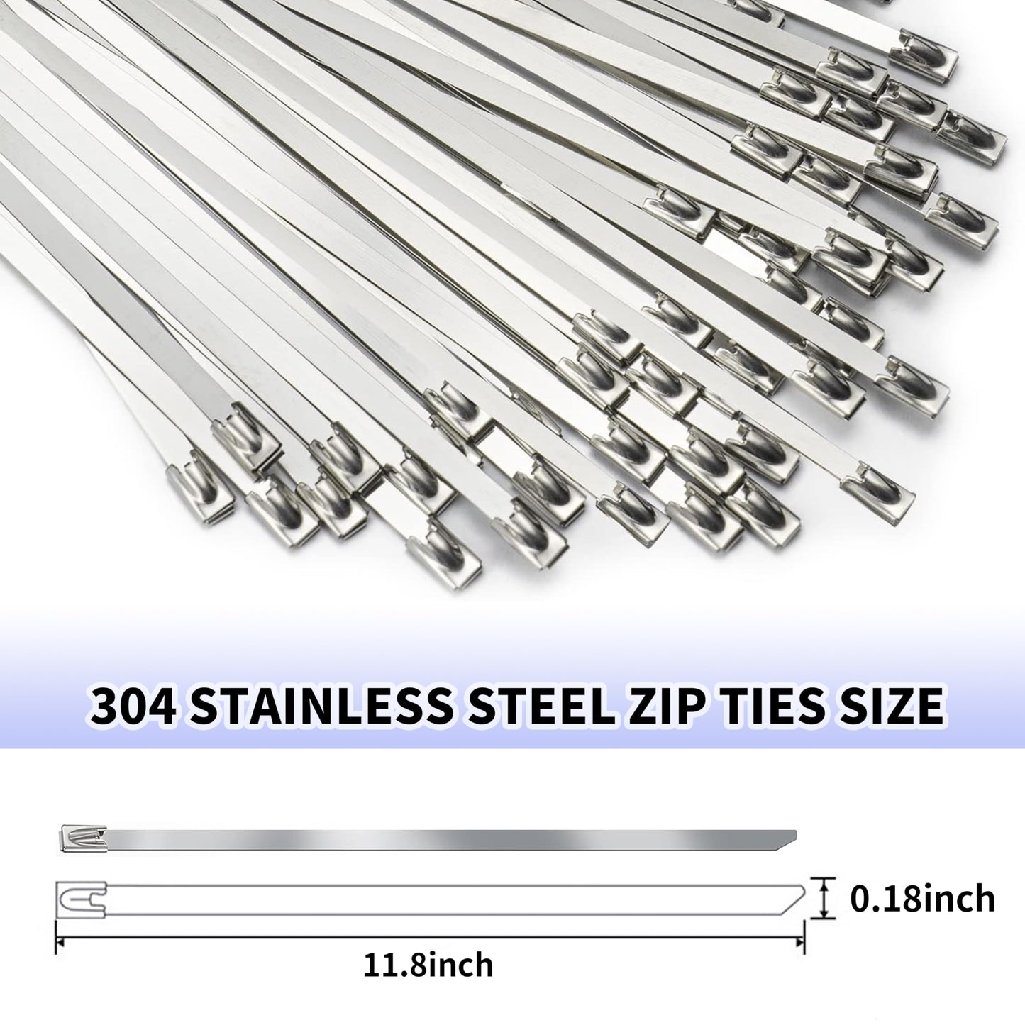 Metal Zip Ties 11.8 Inch 100pcs, 304 Stainless Steel Zip Ties for Outdoor Use, Heavy Duty Multi-Purpose Self-locking Cable Ties for Exhaust Wrap