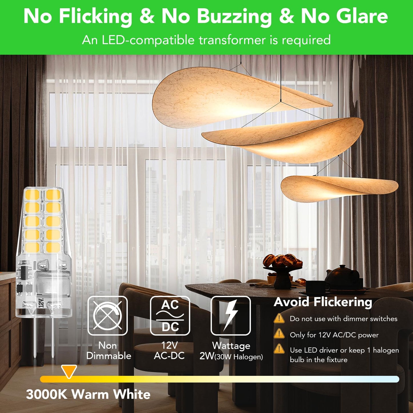 BUBO 10 Pack G4 LED Bulb 2W Equivalent 30W 3000K Warm White 250 Lumens 360°Beam Angle, T3 Halogen Bulb Replacement Landscape Bulbs, AC/DC 12V Led