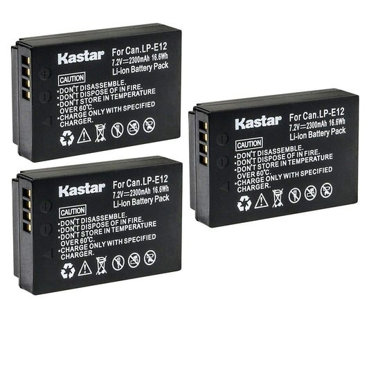 Kastar 3-Pack LP-E12 Battery 7.2V 2300mAh Replacement for Canon LP-E12 LPE12 Battery, Canon LC-E12 LC-E12E Charger