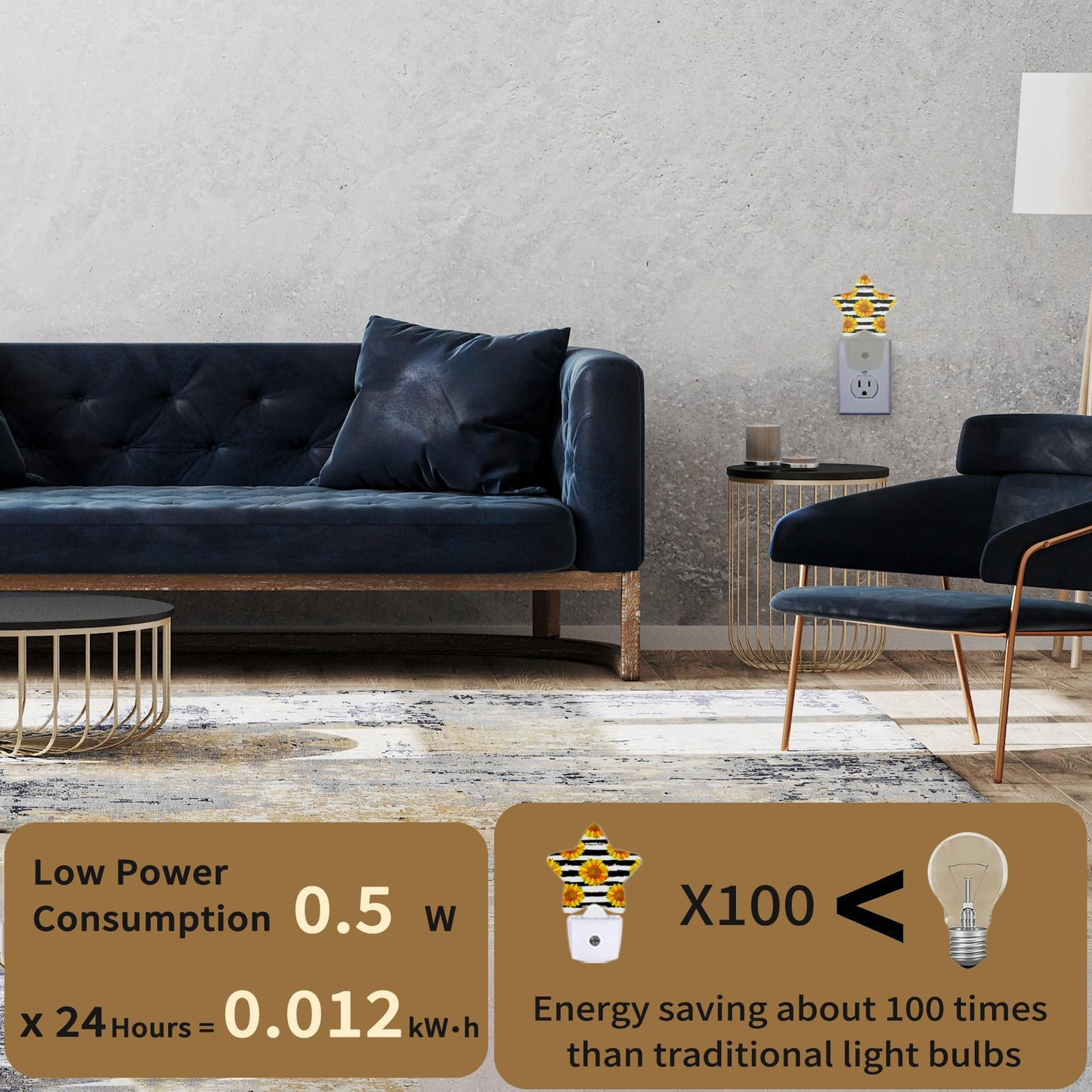 Losthll Sunflowers Plug-in Night Light Black White Grid with Dusk-to-Dawn Sensor for Bedroom,Bathroom and Living Room Sleep Friendly lamp