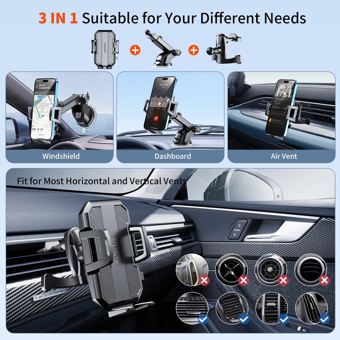 SUUSON Upgraded 3-in-1 Car Phone Holder Mount [Powerful Suction] Phone Mount for Car Dashboard Air Vent Windshield,for All iPhone Android Phone