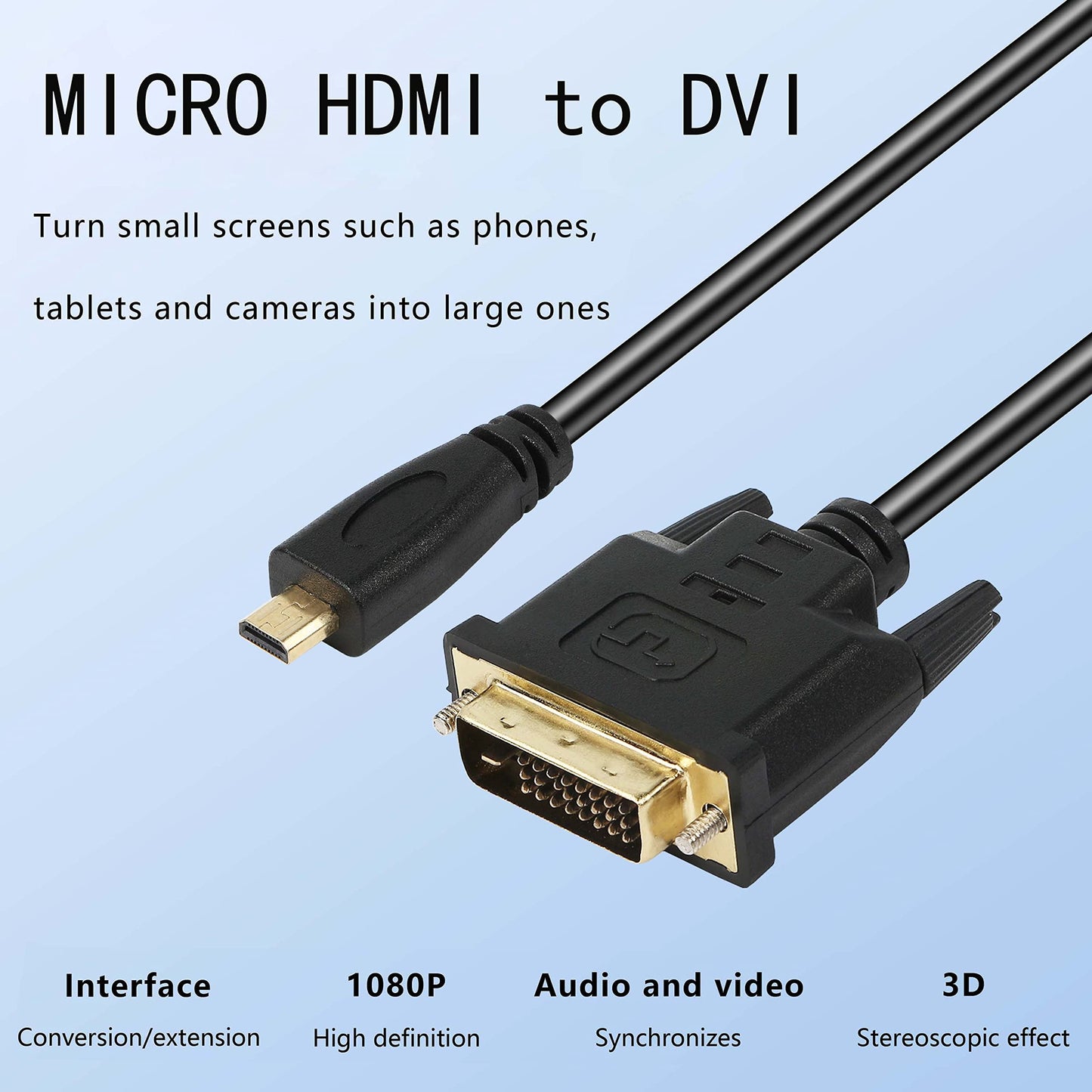 XMSJSIY Micro HDMI to DVI-D Adapter, Male to DVI Connector - 1.8M Cable for Monitor/Display/Projector Video Converter (1 Pack)