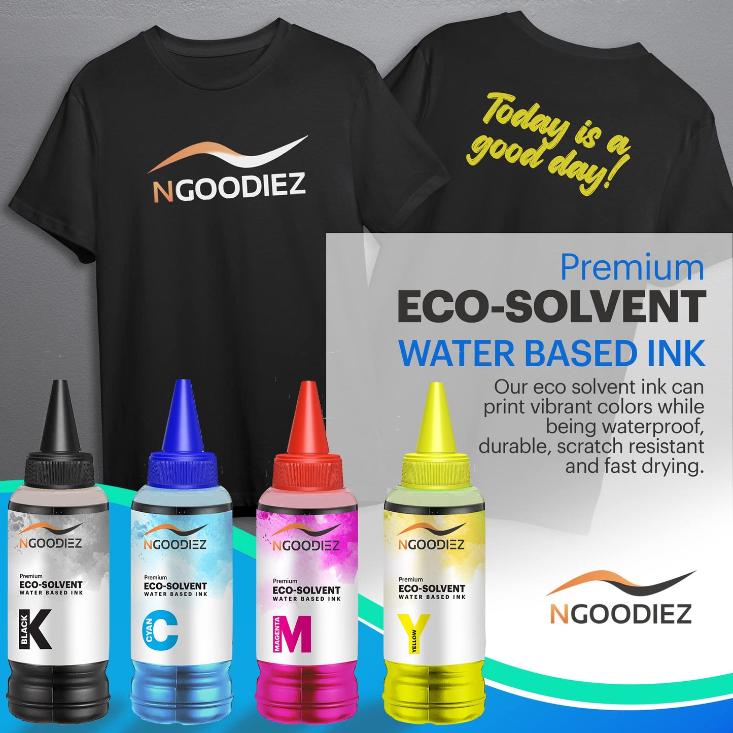 NGOODIEZ Eco Solvent Ink - Water Based Printer Ink, Fast Drying Refill Ink Bottle for Epson EcoTank, & WF Series Printers - Ideal for HTV, Vinyl