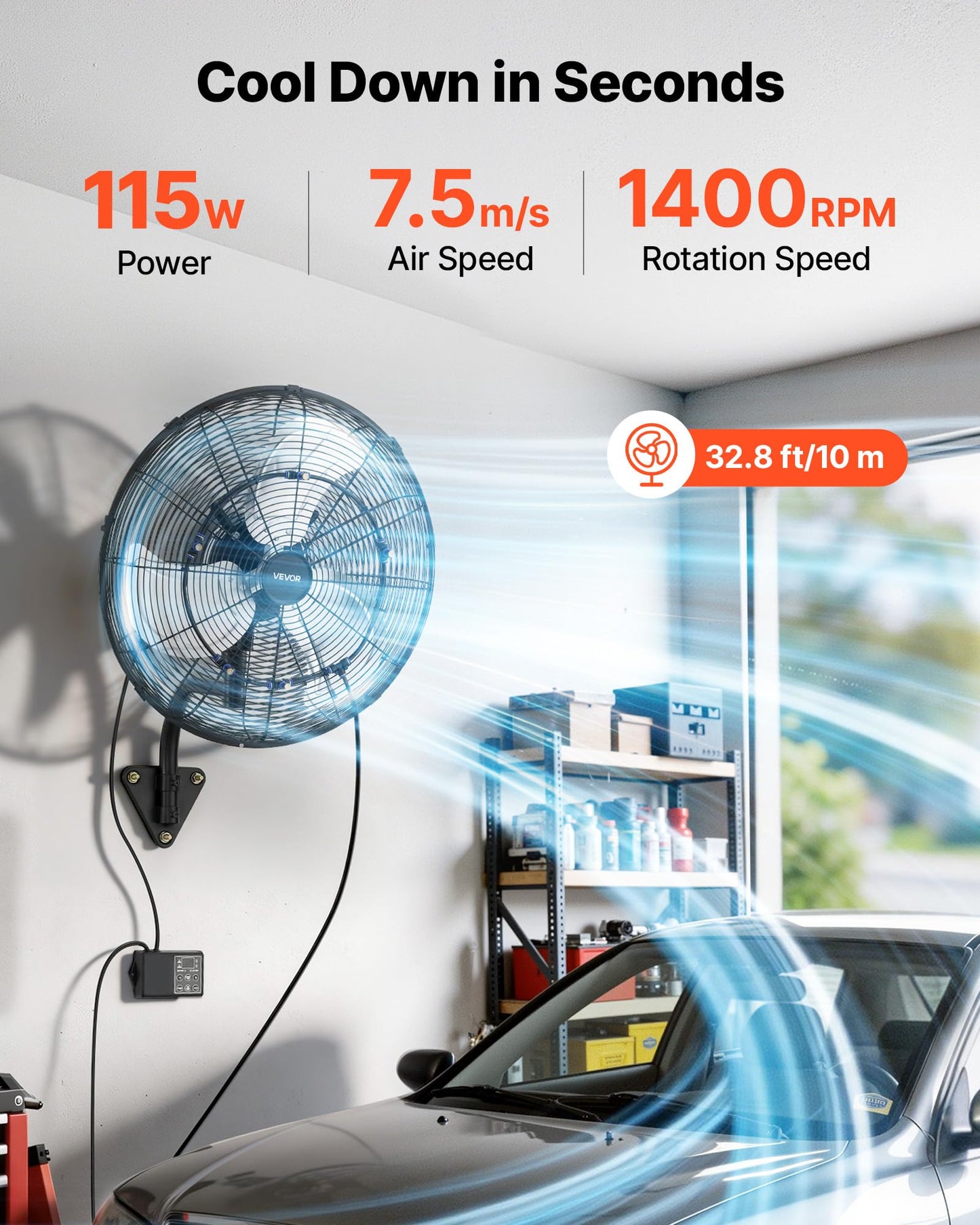 VEVOR Wall Mount Fan, 20 in Wall Mounted Hanging Fan with Oscillating & Mist, Remote, IP44-rated, 3-Speed, 18h Timer, Temperature Control, Powerful