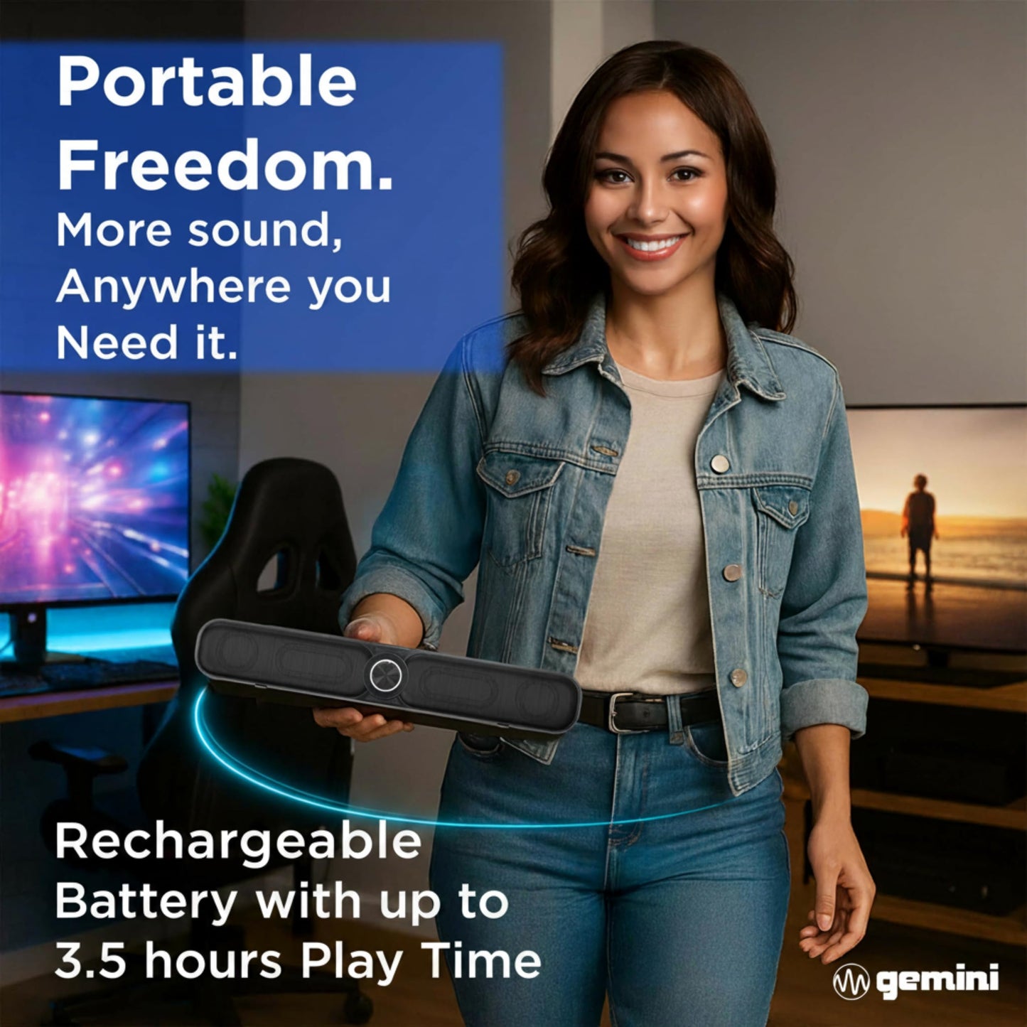 Gemini Portable Battery-Powered Bluetooth Soundbar with Built-in FM Radio, USB & microSD - Wireless Speaker for Gaming, Desk, TV & Bedroom (GSBR-20)