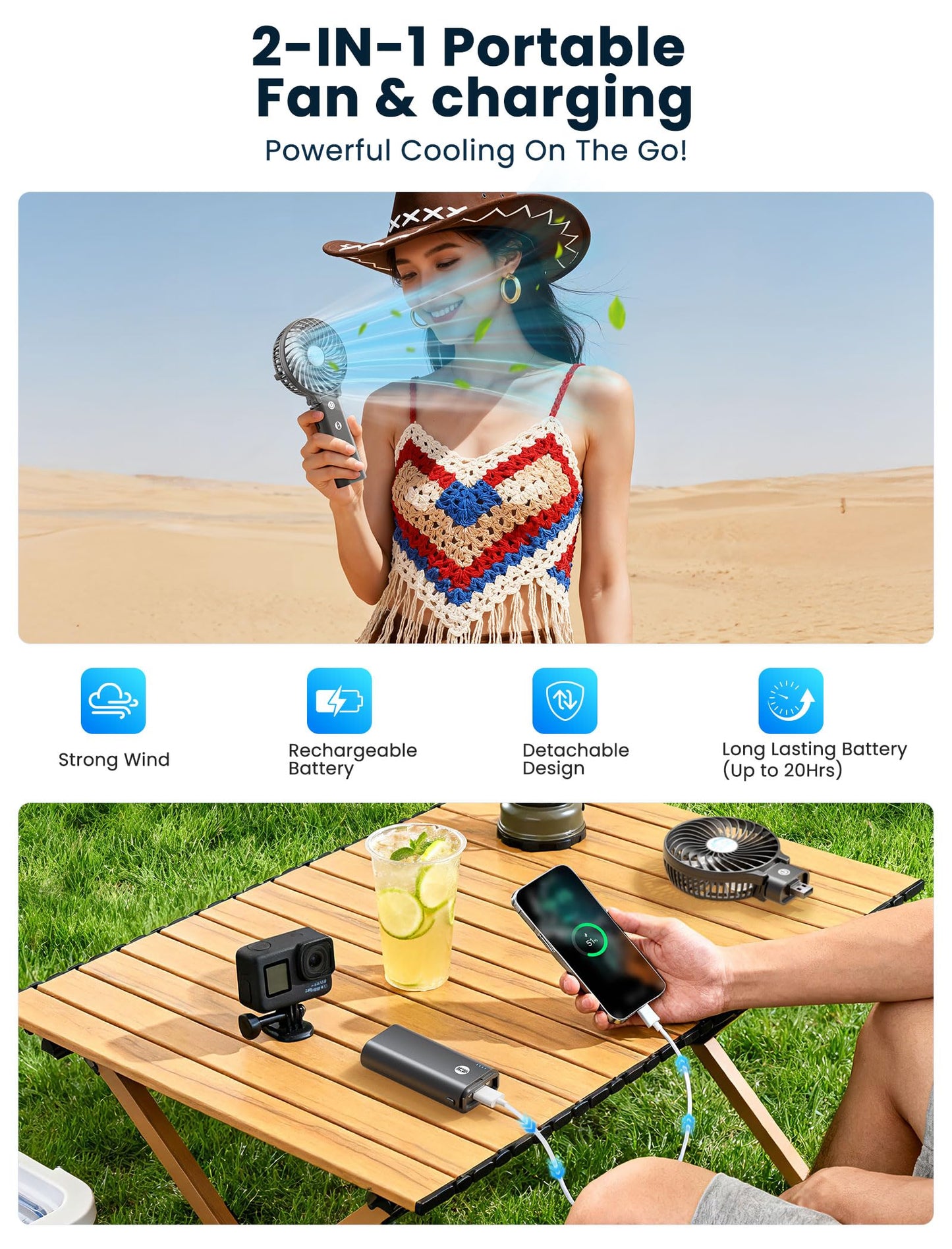 HandFan 5200mAh Portable Handheld Fan, Personal Hand Held Fan USB Rechargeable, 180° Foldable,3 Speeds Strong Airflow Cooling Fan