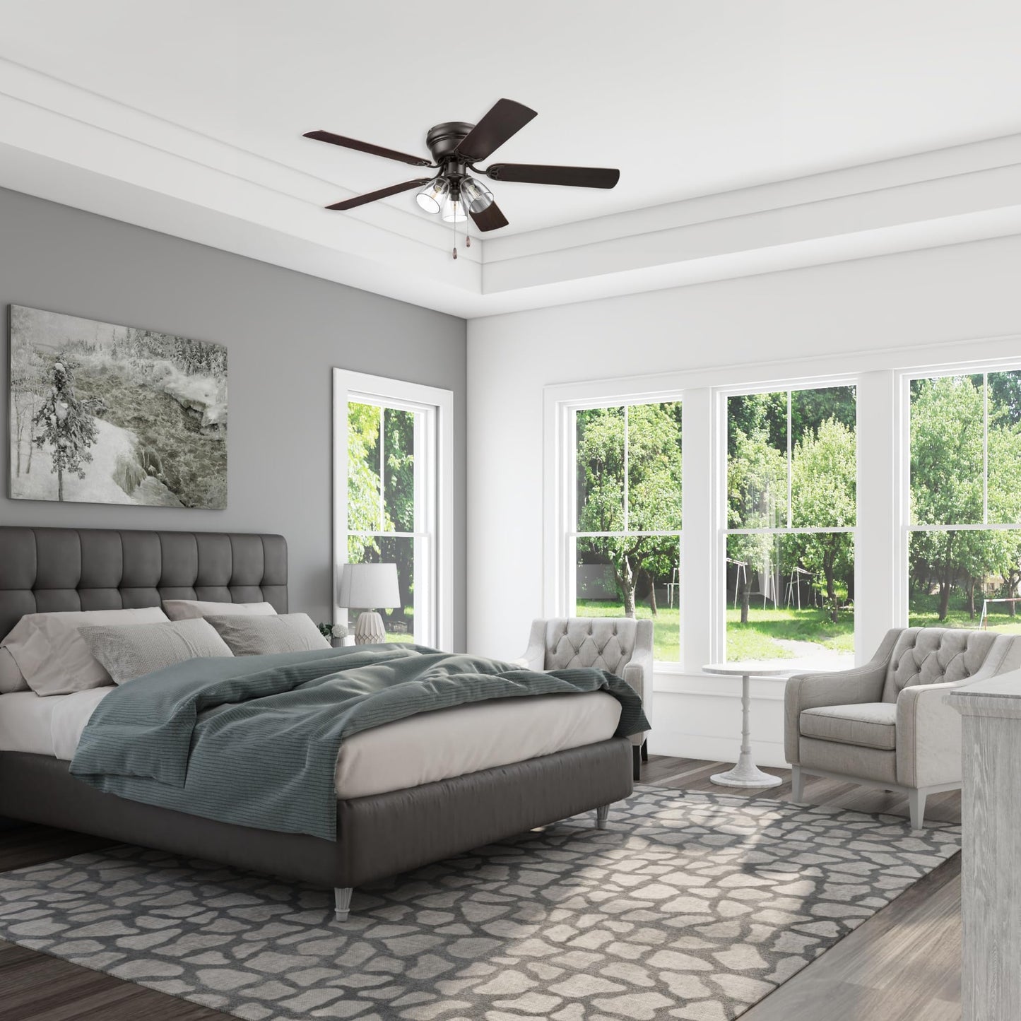 Portage Bay Ceiling Fans 52" Renton Bronze Indoor Fan with Clear 3 Light LED Multi Arm; E26/B11 Bulb and Pull-Chains, Traditional Style, 5 Reversible