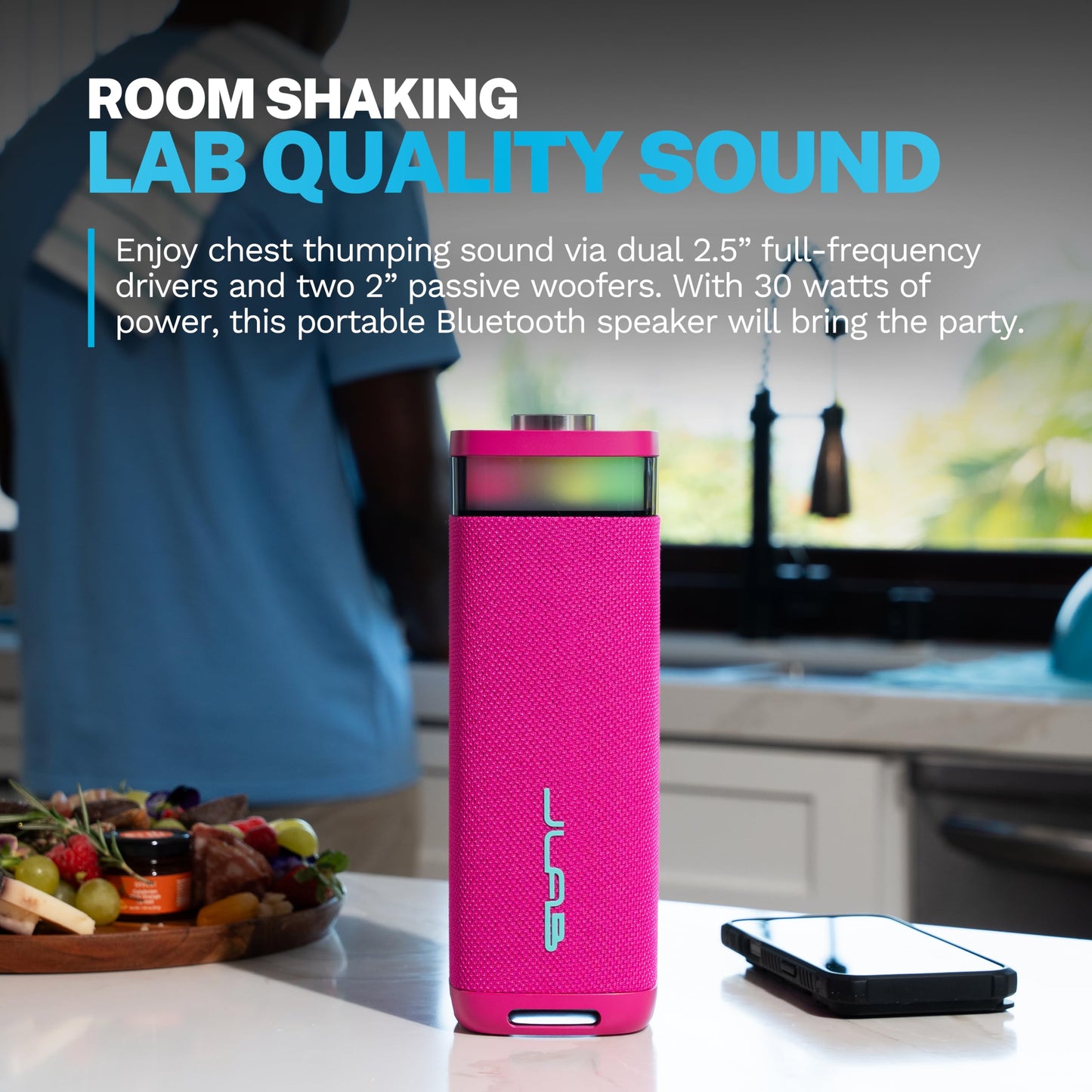 JLab JBuds Party Portable Bluetooth Speaker, 2 Full-Range Drivers + 2 Passive Woofers, IP56 Waterproof, 12 Hours Playtime, Connect Multiple Speakers