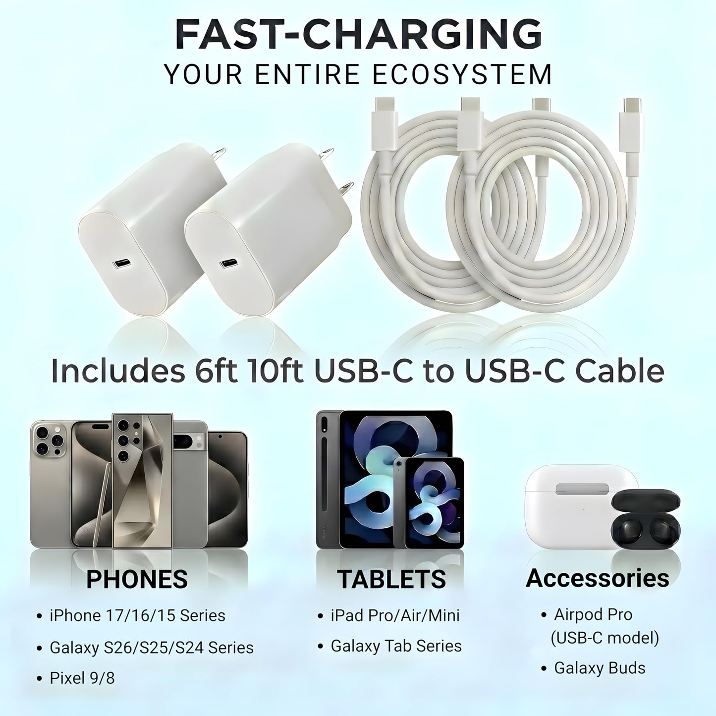 TT&C 30W USB C Fast Charger kit with 10FT & 6.6FT Cables, PD 3.0 Power Wall Block Compatible with iPhone 17, 17e, iPhone Air, 16, 15, Pro Max