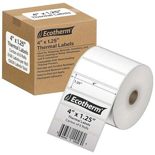 4" x 1.25" Thermal Labels | 6 Rolls | 12600 Labels | fits Zebra, Munbyn, Rollo, Godex, Arkscan, iDPRT, Offnova Thermal Label Printers and More | Blank