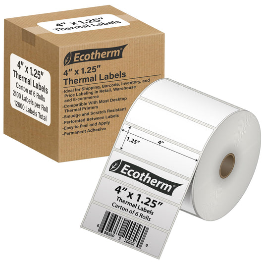 4" x 1.25" Thermal Labels | 6 Rolls | 12600 Labels | fits Zebra, Munbyn, Rollo, Godex, Arkscan, iDPRT, Offnova Thermal Label Printers and More | Blank