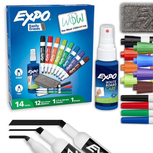 EXPO Dry Erase Markers Kit, Fine and Chisel Tip Markers, Assorted Colors, Eraser, Spray Cleaner, 14 Count