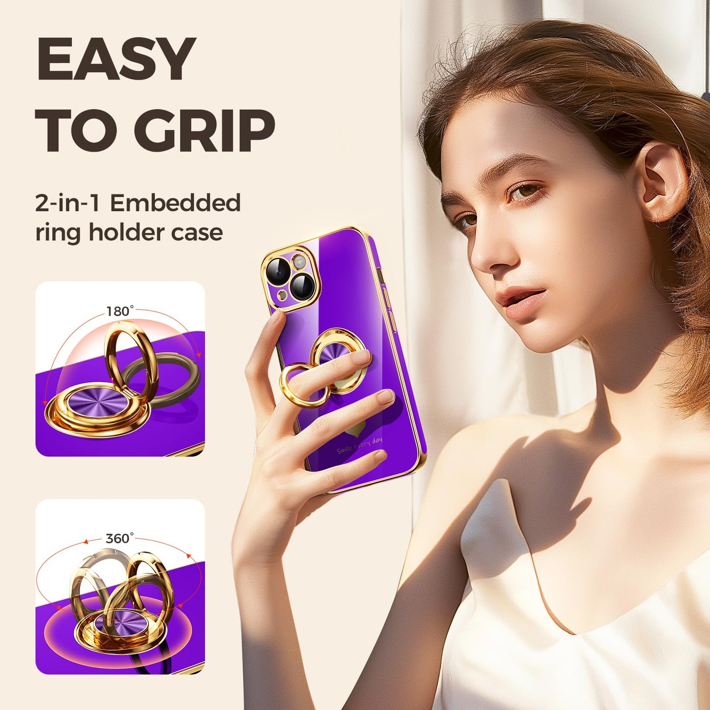 Nonional Compatible for iPhone 13 Case with 2 Pack Screen Protector, 360° Rotatable Ring Holder [Luxury Hearts Pattern] Plating Gold Edge Slim Soft