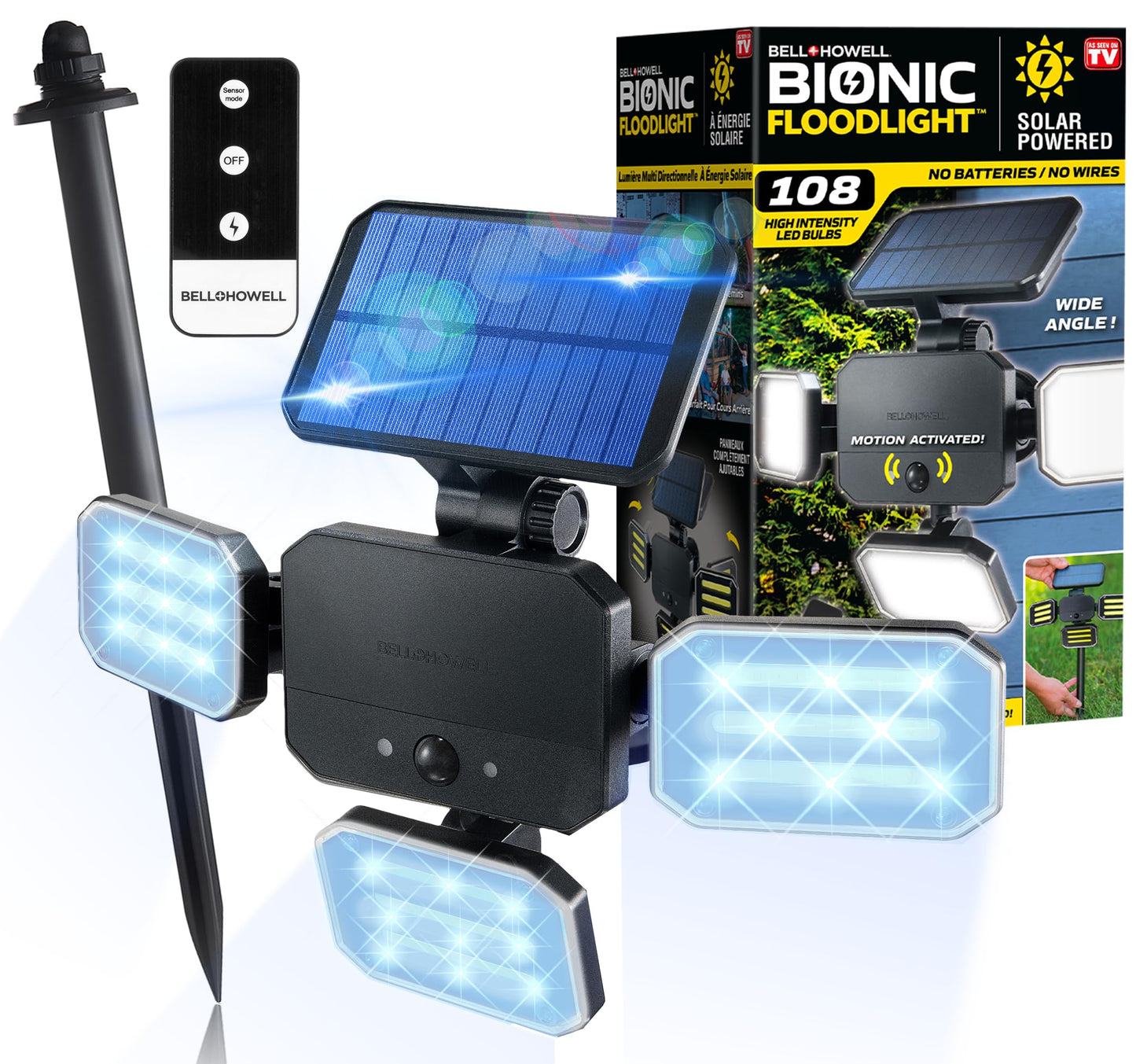 Bell+Howell Bionic Flood Light ASON TV, Solar Lights Outdoor Waterproof- 50% Brighter 108 COB-LED's w/Motion Sensor 180° Swivel, Adjustable Panels