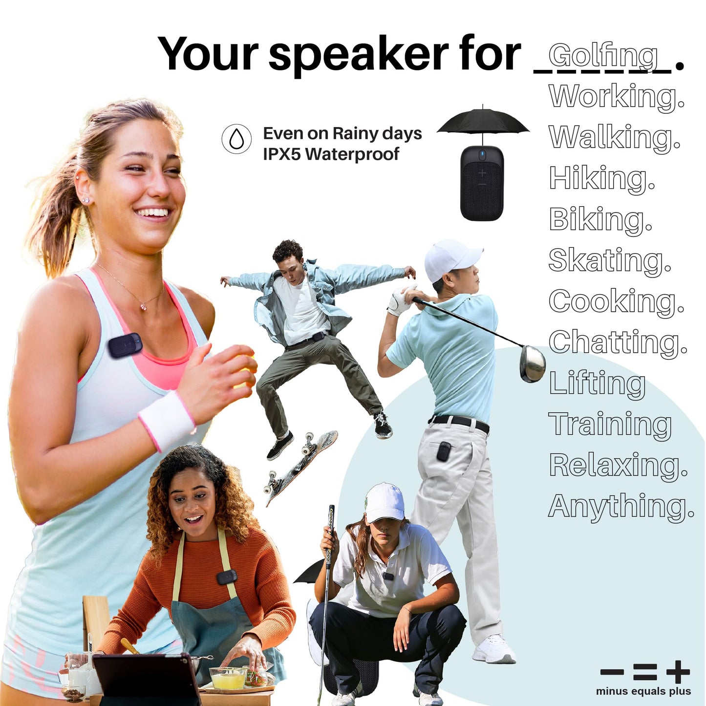 MINUS EQUALS PLUS - = + Golf Speaker/Wireless Wearable Bluetooth Speaker/Portable/Clip on/Up to 18hrs of Battery Life/Built-in Mic for Hands-Free