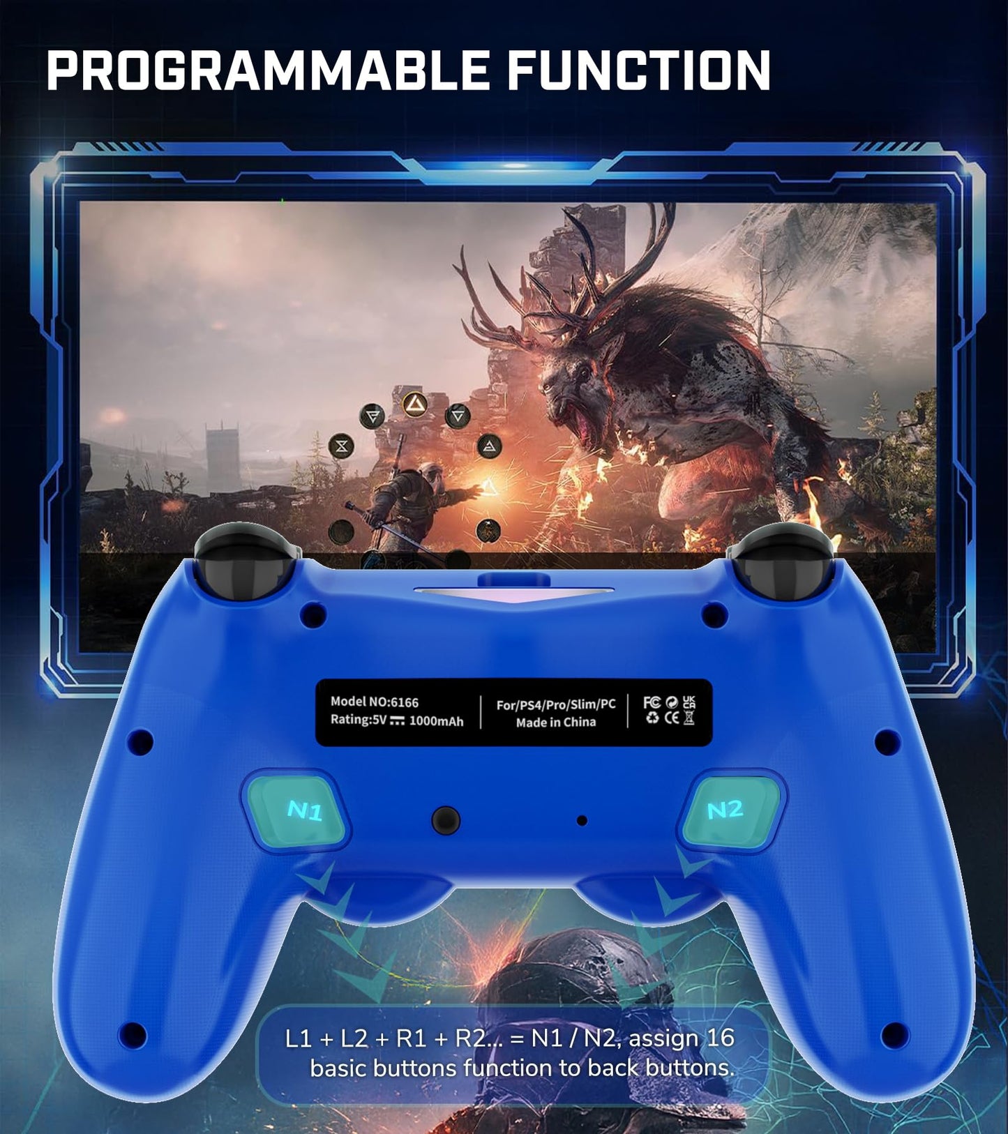 TJPD 2-Pack Wireless Controller for PS4/Pro/Slim & PC?2 Programmable Rear Buttons, RGB Lighting, 800mAh Battery, Dual Vibration, 6-Axis Gyro, Built-in