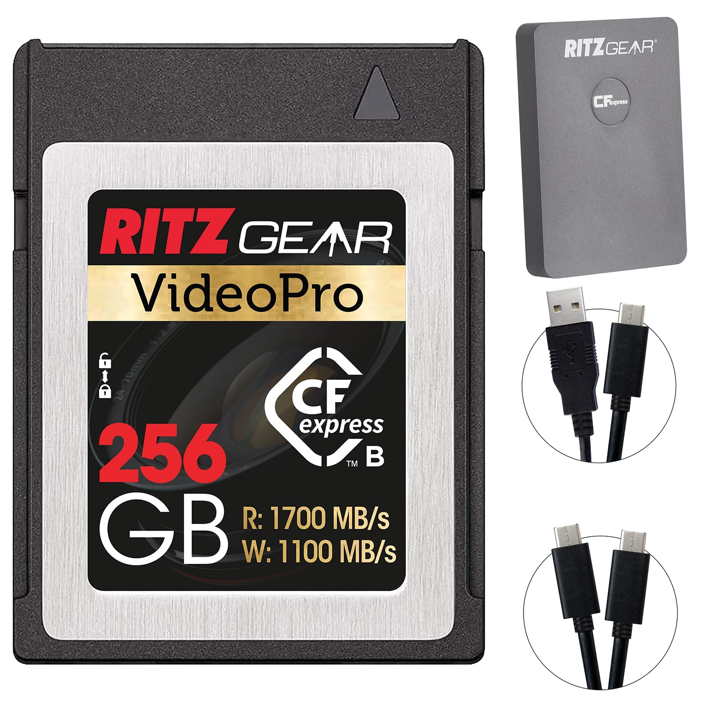 Ritz Gear CFExpress Type B 256GB Card (1700/1100 R/W), Pairs with Compatible Canon & Panasonic DSLR Cameras. Includes CFexpress Type B Card Reader