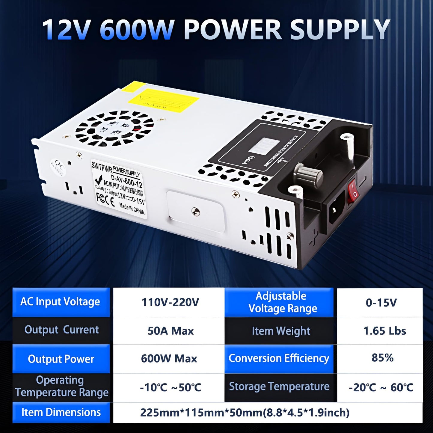 Adjustable Power Supply DC 0-12V 600W with LED Display 12V Power Supply Variable AC to DC Converter 110V to 12V Designed for LED Light Car Stereo…