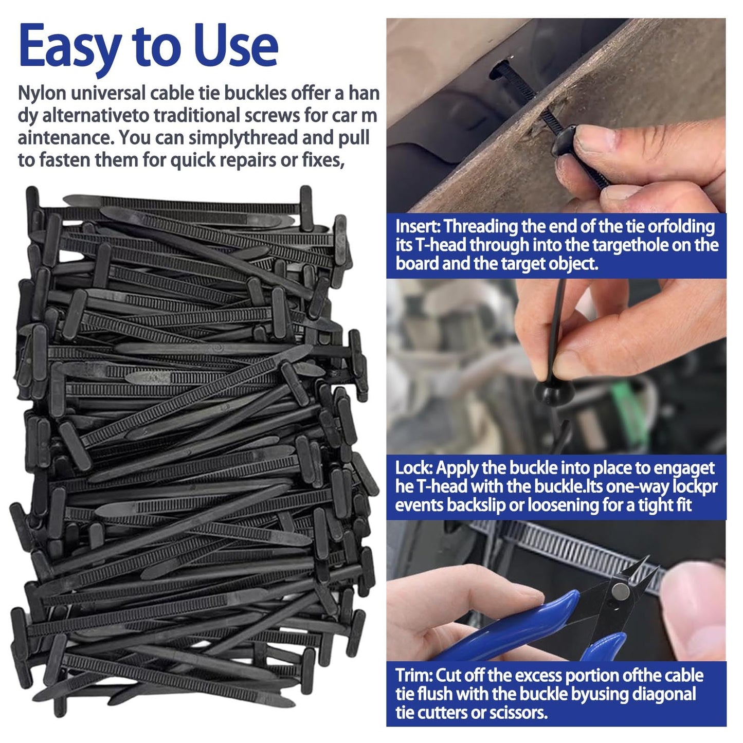 100PCS Nylon Universal Cable Tie Buckle Zip Tie, Multipurpose Self Locking Zip Tie Clips with Pliers for Car Fender, Engine Cover, Mudguard Fastener