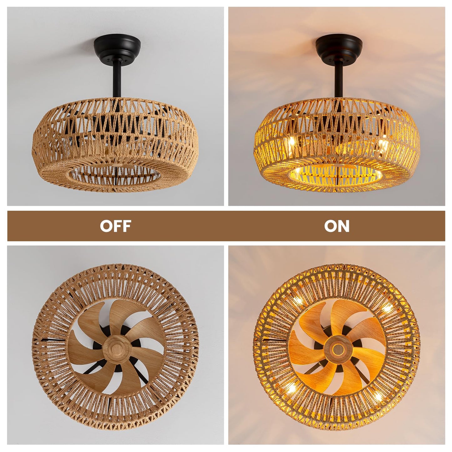 MOOONICHE 20" Boho Caged Ceiling Fan with Lights Remote Control, Rattan Cage Low Profile Bladeless Ceiling Fan, Farmhouse Ceiling Fans with Light