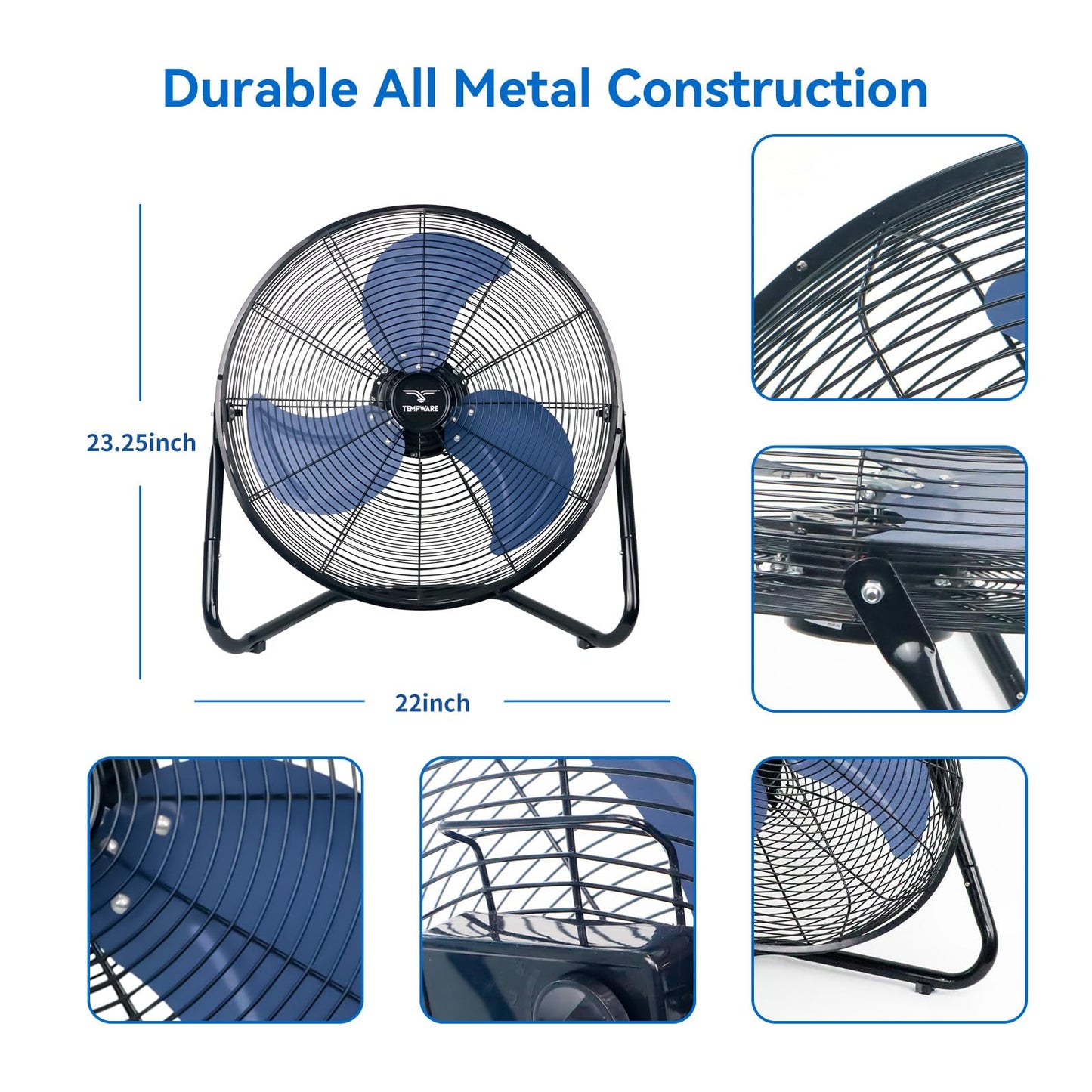 TEMPWARE 20 Inch High Velocity Industrial Floor Fan with 360° Tilt, Blue