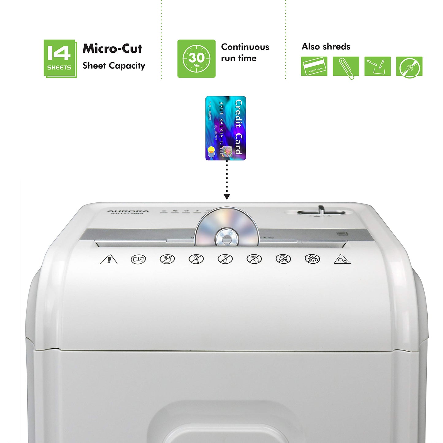 Aurora AU1480MA Professional Grade 14-Sheet Micro-Cut Paper and CD/Credit Card Shredder/ 30 Minutes Continuous Run Time, White/Gray