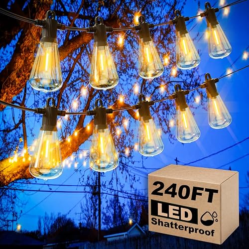 Zuske Outdoor Patio String Lights, 240FT LED with 120+4 ST38 Vintage Edison Bulbs, Waterproof Connectable Hanging Lights for Outside Backyard Bistro