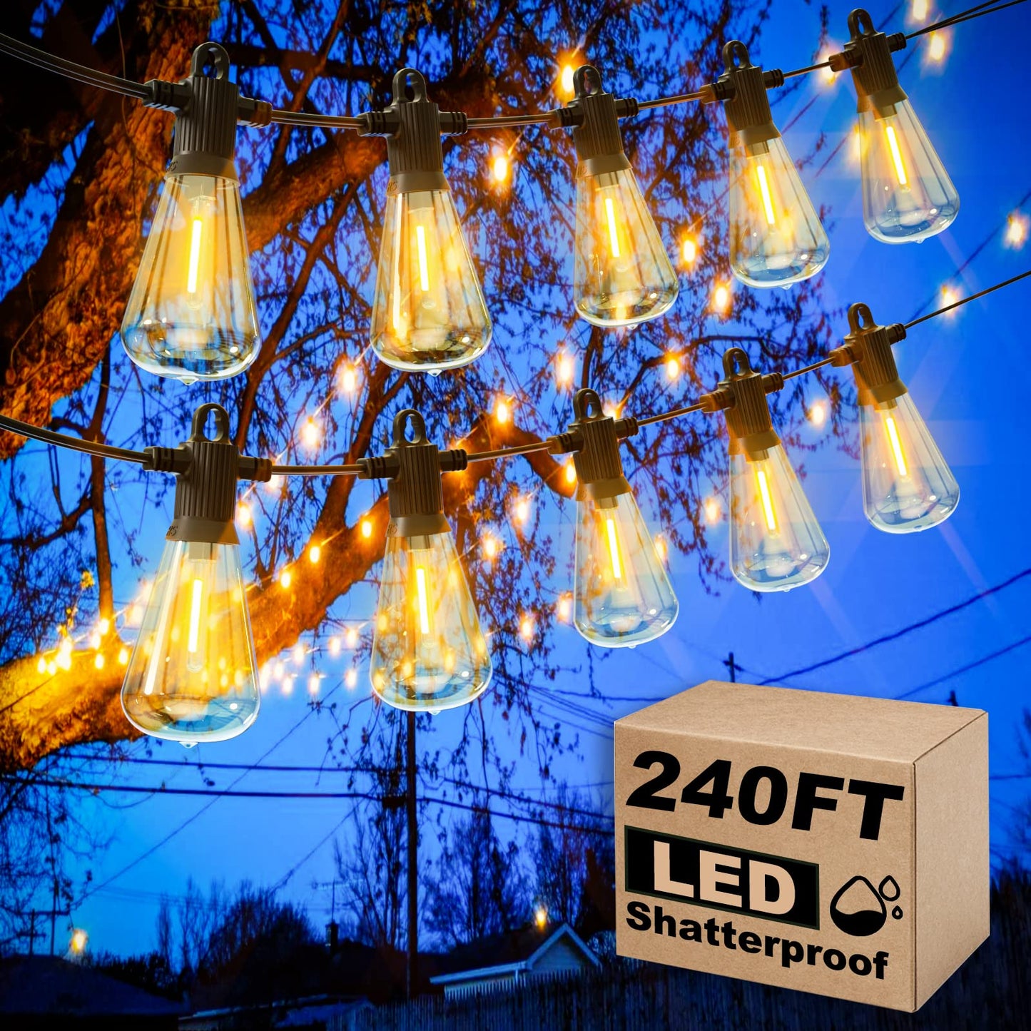 Zuske Outdoor Patio String Lights, 240FT LED with 120+4 ST38 Vintage Edison Bulbs, Waterproof Connectable Hanging Lights for Outside Backyard Bistro