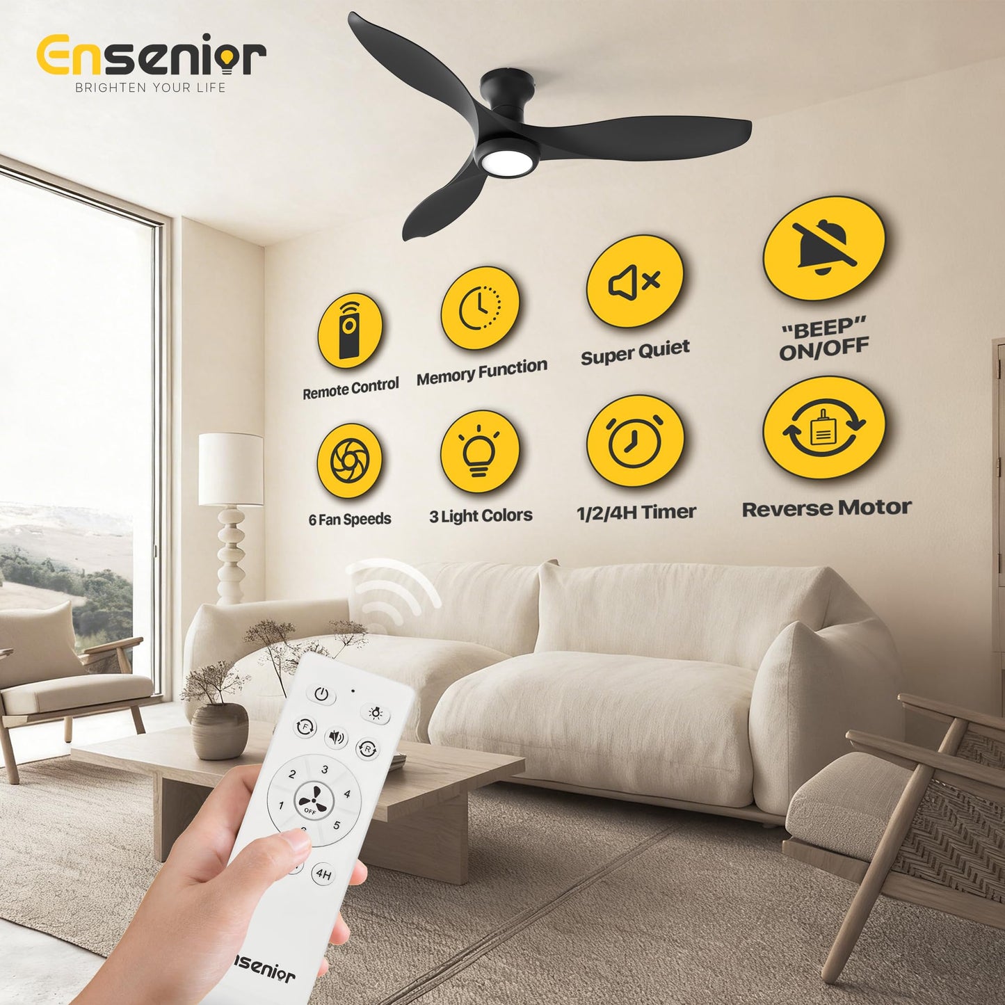 Ensenior 52 Inch Flush Mount Ceiling Fans with Lights and Remote, Black